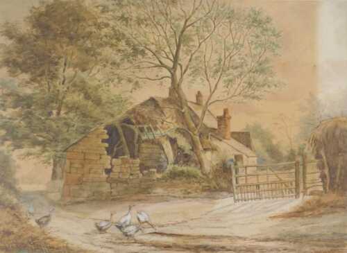 C Duchette Harrison (19thC). Geese before ruined building and trees, watercolour, signed and...