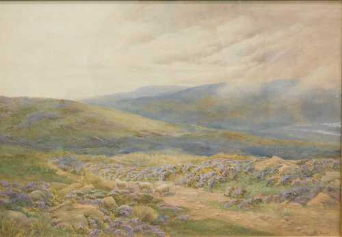 M Beech (19thC). Sheep on a bracken-laden path before hills, watercolour, signed, 47cm x 59cm.