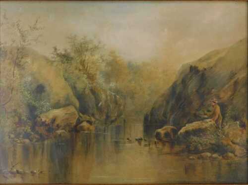 19thC School. Fisherman on calm waters, mixed media, unsigned, 27cm x 36cm.