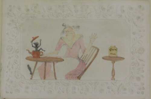 19thC English School. Figure aside monkey and kettle, on raised floral Dobb's London card, mixed...