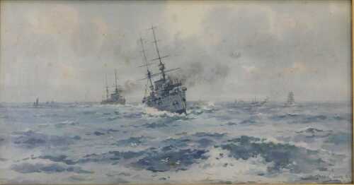 Frank Wood (1862-1953). Bristol Class Light Cruisers On Stormy Seas, watercolour, signed and...