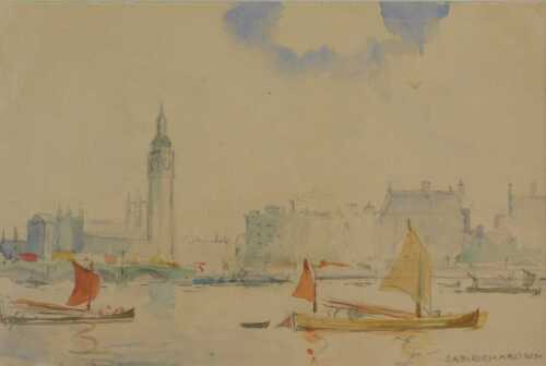 C A R Richardson (exh 1910-1940). Thames boats before Big Ben, watercolour, signed, partial...