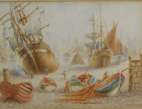 H Newton (20thC). Seascape, shoreline, boats drying sails, figures drying nets, watercolour,...