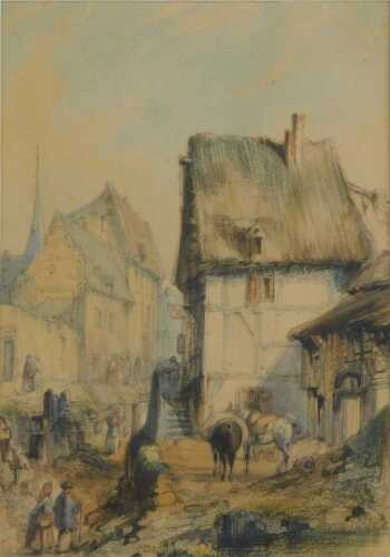 School of Van Hasselt. Townscape, figures on a path before thatched cottage, mixed media,...
