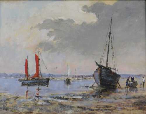 John Grove (20thC). Figures on a shoreline before boat drying sails, oil on board, signed, 27cm...
