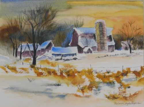 Deborah Voyda Rogers (20thC). Winter landscape, marsh before trees and buildings, mixed media,...