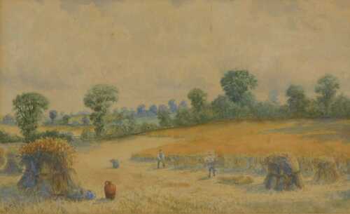 E B Foley (19thC School). Cutting hay in a summer landscape, watercolour, signed, 17cm x 29cm.