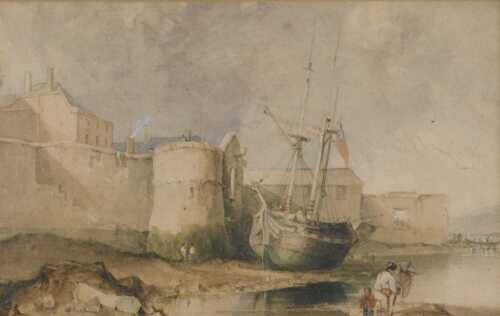19thC School. Figures on a shoreline, watercolour, unsigned, 16cm x 25cm.