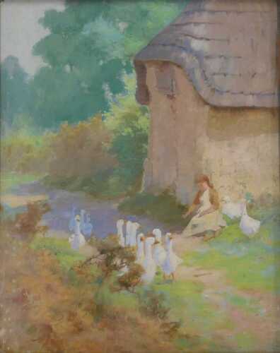 Circle of Fred Hall. A Summer's Day, girl feeding geese by a farm cottage, oil on panel,...