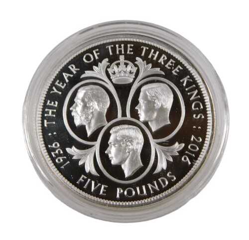 An Elizabeth II silver proof five pound coin, The Years of The Three Kings 80th Anniversary, in...