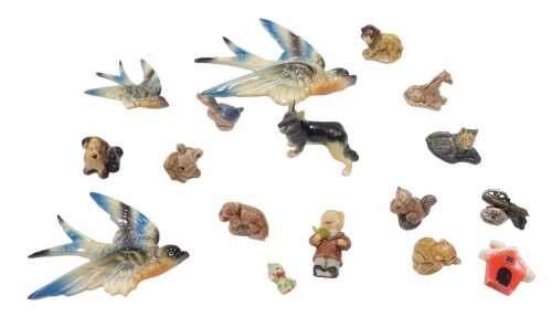 Various Wade type and other Whimsies, bluebird trio of graduated wall ornaments, alsatian, 7cm...