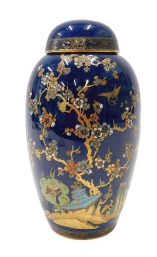 A 20thC Carltonware Bleu Royale chinoiserie vase and cover, of shouldered form, 26cm high.
