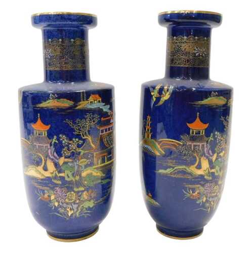 A pair of Carltonware Bleu Royale chinoiserie pattern vases, each decorated with Oriental scenes,...