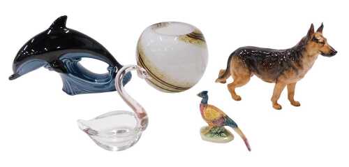 Various pottery and effects, Poole dolphin, Studio glassware, swan ornament, miniature pheasant,...