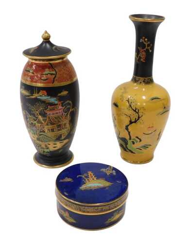 A Carltonware yellow ground vase, with black stem and yellow shouldered body, decorated with...