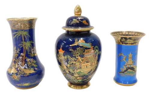 Carltonware Bleu Royale chinoiserie vase and cover, 18cm high, a similar decorated vase, and...
