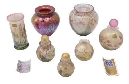 Various Isle of Wight glassware, vase, iridescent vase decorated with flowers, various other...