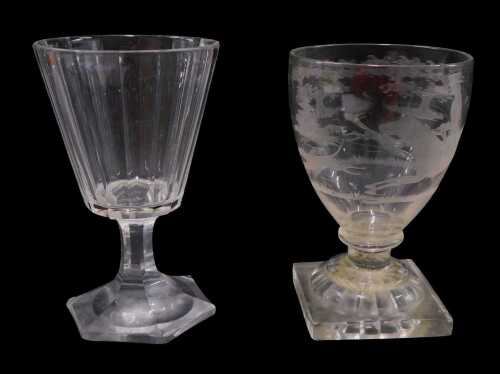 A 19thC glass rummer, etched with hunting scene, figure on horseback, hounds and trees, on a...