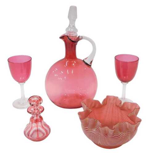Victorian cranberry glass and other glassware, a Nailsea style handkerchief vase, lined...