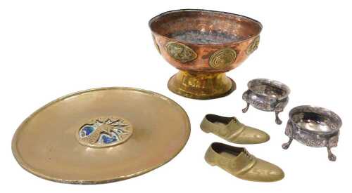 Various metalware, an Arts & Crafts copper and brass footed bowl, the circular body raised with...