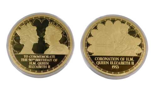 An Elizabeth II 2016 gold-plated commemorative medallion for the coronation in 1953, in proof...