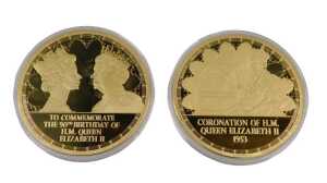 An Elizabeth II 2016 gold-plated commemorative medallion for the coronation in 1953, in proof...