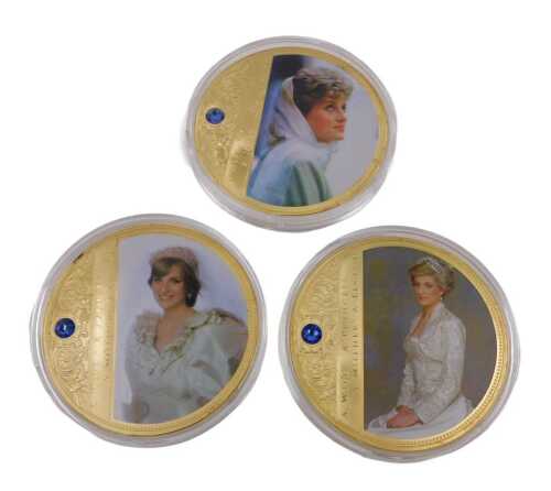 Various portrait medallions of Princess Diana, gold plated with Swarovski inserts, with some...