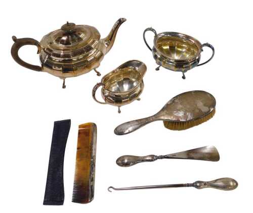 Various silver plated ware, a three piece tea service comprising teapot, with thumb mould handle...