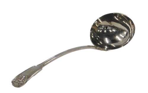 A Victorian silver ladle, shell capped fiddle pattern, reeded stem, plain bowl, crested, by...