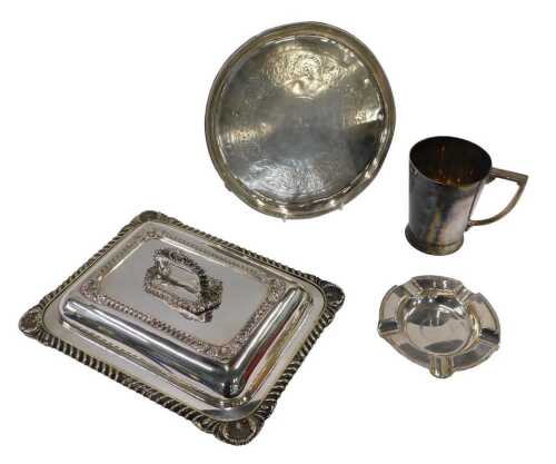 Various silver platedware, an entree dish and cover, with gadrooned outer border broken by...