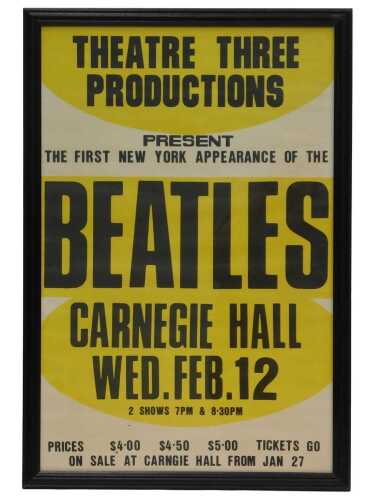 A Theatre Three Productions Beatles Carnegie Hall poster, probably a late reproduction, 79cm x...