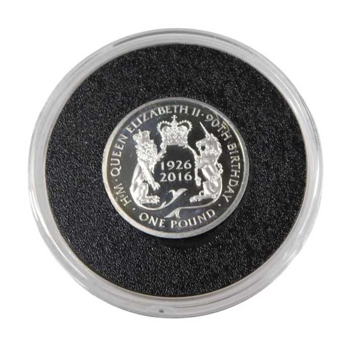 A Queen Elizabeth II 90th birthday silver proof one pound coin, in proof case and outer pouch,...