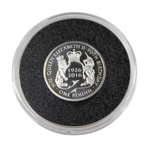 A Queen Elizabeth II 90th birthday silver proof one pound coin, in proof case and outer pouch,...