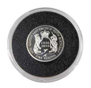A Queen Elizabeth II 90th birthday silver proof one pound coin, in proof case and outer pouch,...