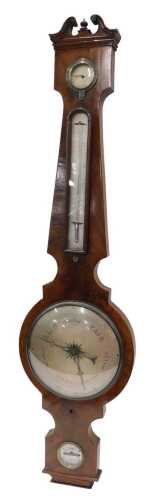 A 19thC mahogany cased four dial wheel barometer, the 21cm diameter silvered dial surmounted by...