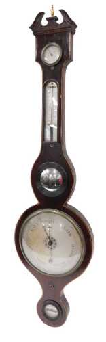 A 19thC five dial wheel barometer, the 20cm diameter silvered dial surmounted by bullseye glass,...