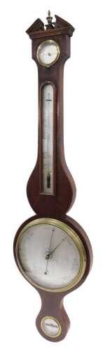 A 19thC four dial wheel barometer, the 20cm diameter silvered dial surmounted by thermometer and...