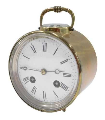 A 19thC brass drum carriage clock, of circular form, with 10cm diameter Roman numeric dial and...