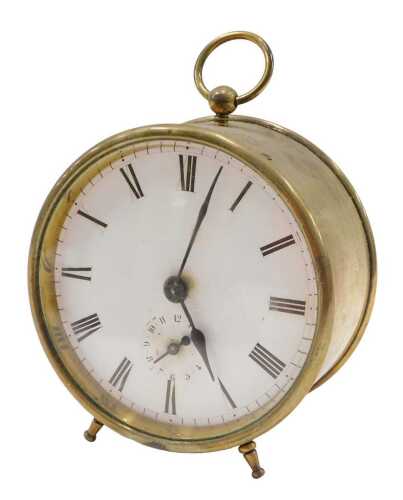 An early 20thC brass cased drum clock, with 9cm diameter Roman numeric dial with subsidiary...