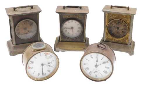 Various Junghans style and other musical and other alarm travel clocks, 16cm high, etc., a brass...