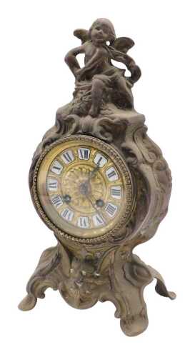 A 19thC cast metal mantel clock, the 19cm diameter raised Roman numeric enamel dial surmounted...