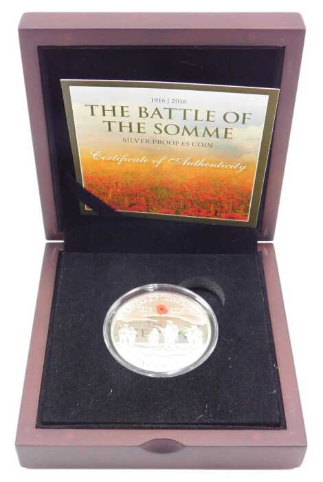Coins. A Battle of The Somme silver proof five pound coin, Guernsey 2016, in outer case, boxed...