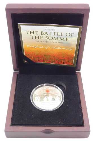 Coins. A Battle of The Somme silver proof five pound coin, Guernsey 2016, in outer case, boxed...