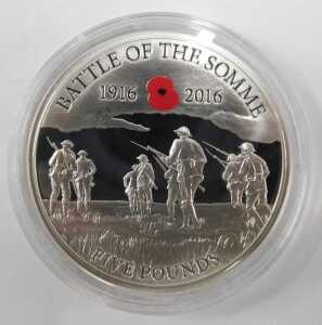 Coins. A Battle of The Somme silver proof five pound coin, Guernsey 2016, in outer case, boxed... - 3