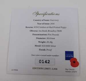 Coins. A Battle of The Somme silver proof five pound coin, Guernsey 2016, in outer case, boxed... - 4