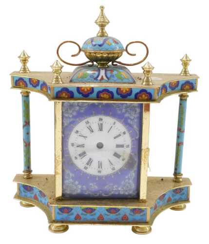 A 20thC brass and champleve enamel mantel clock case, the fancy 8cm wide enamel dial with Roman...