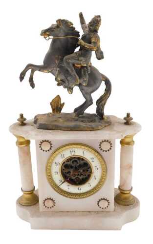 A late 19thC onyx mantel clock, the 10cm diameter Arabic dial, in an architectural case...