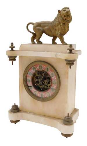 A 19thC white onyx mantel clock, with fancy 12cm diameter Arabic dial, centred by an open...