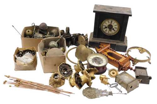 Various clock and watch parts, part mantel clock, various mounts, weights, plates, Tempus Fugit...