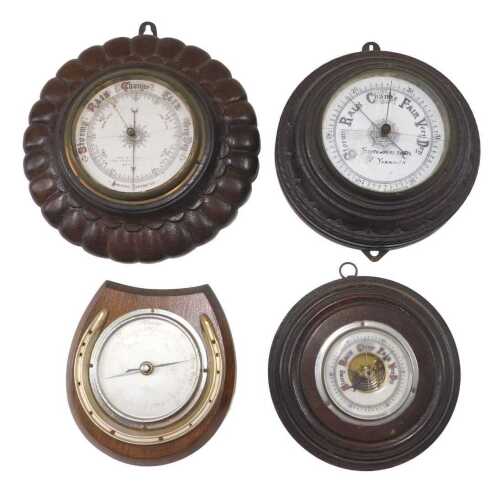 Various wall barometers, to include an oak backed horseshoe design example with 10cm diameter...